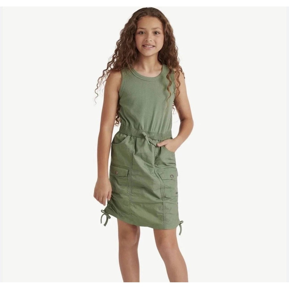 Girls Olive Green Cargo Utility Sleeveless Dress Ribbed Tank Pocket S 7/8 #26590